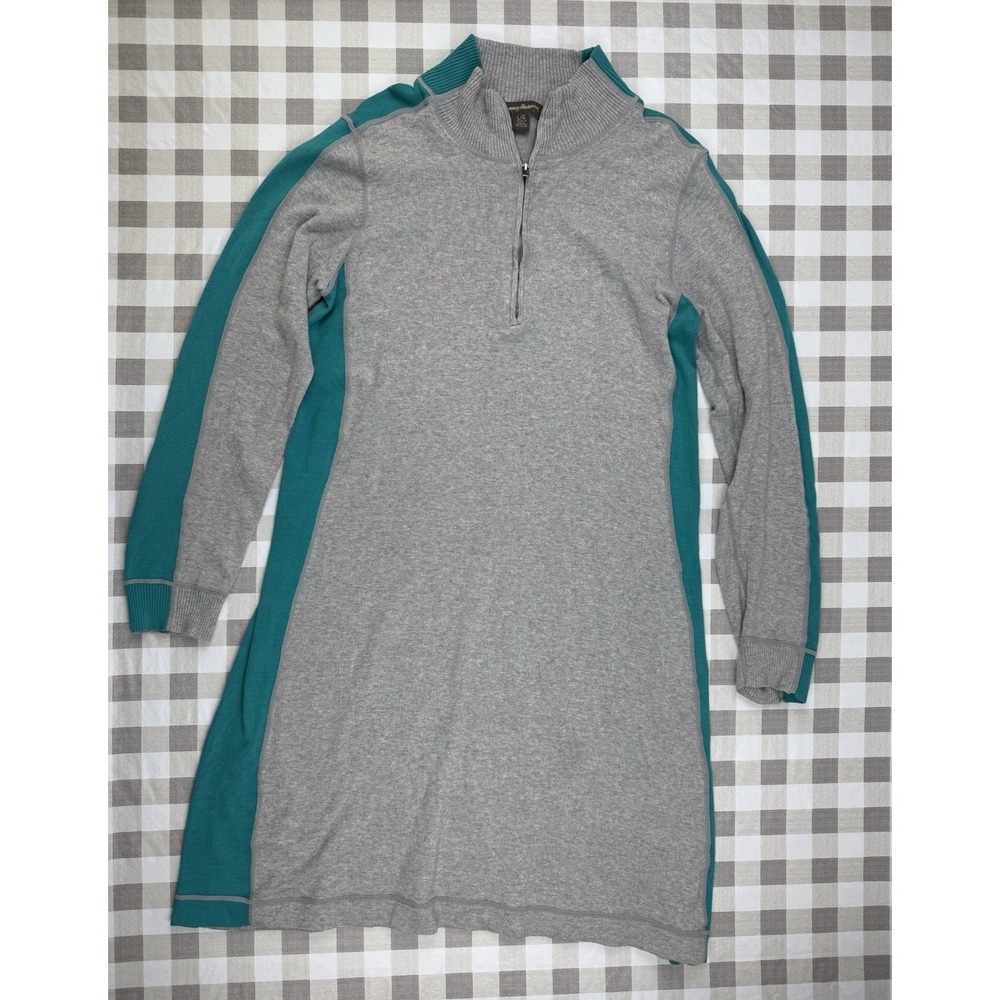 Tommy Bahama Sweater Dress‎ L Gray Teal Half Zip Knit Lounge Coastal